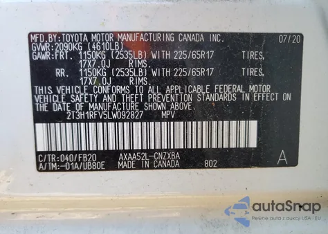 2020 Toyota Rav4 Le from USA, damaged, VIN 2T3H1RFV5LW092827